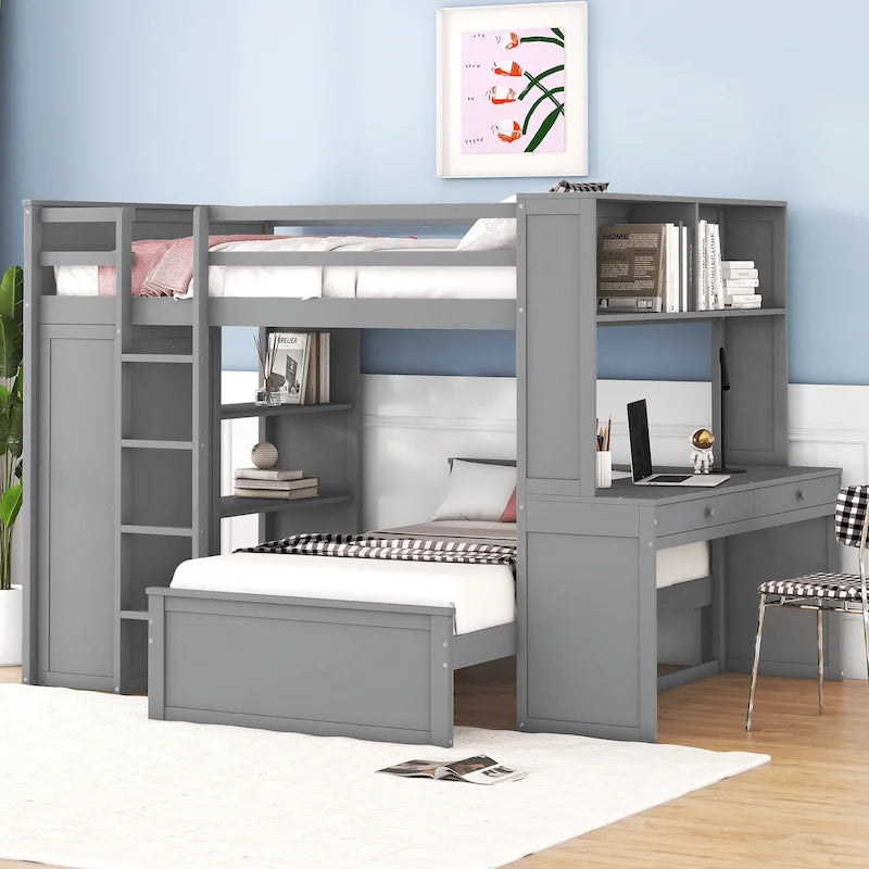 Lit mezzanine double avec lit simple indépendant, bureau et armoire