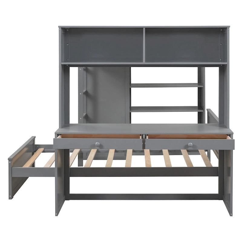 Lit mezzanine double avec lit simple indépendant, bureau et armoire