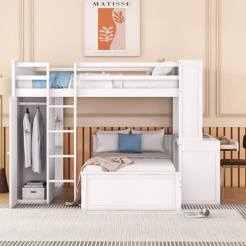Lit mezzanine double avec lit simple indépendant, bureau et armoire