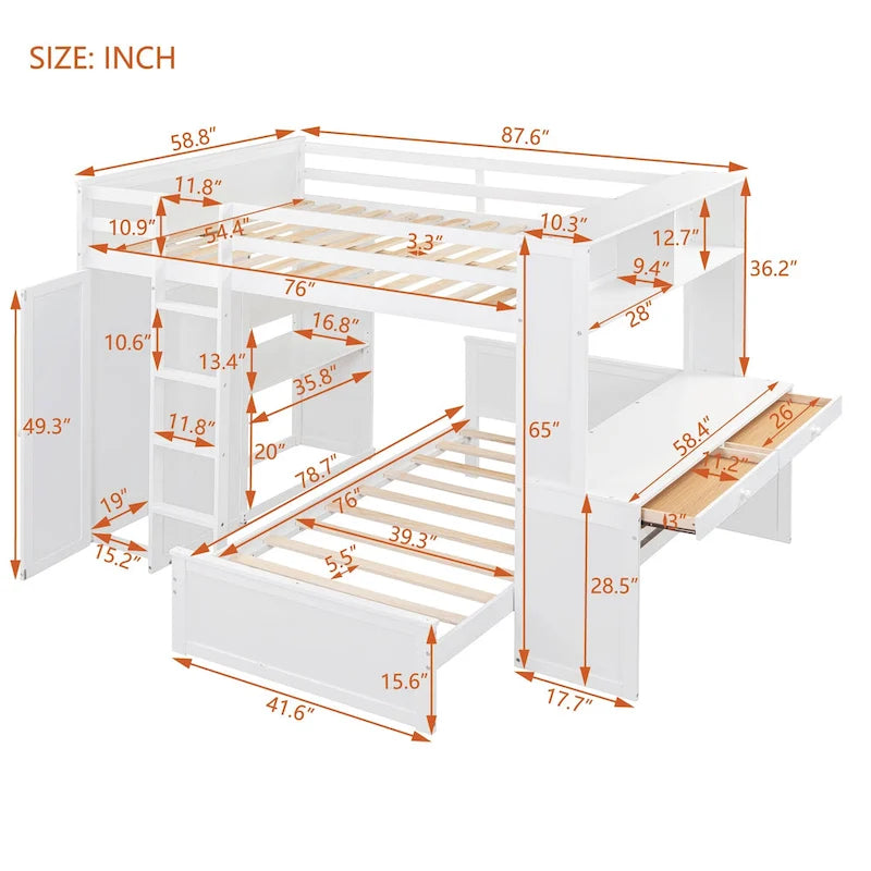 Lit mezzanine double avec lit simple indépendant, bureau et armoire