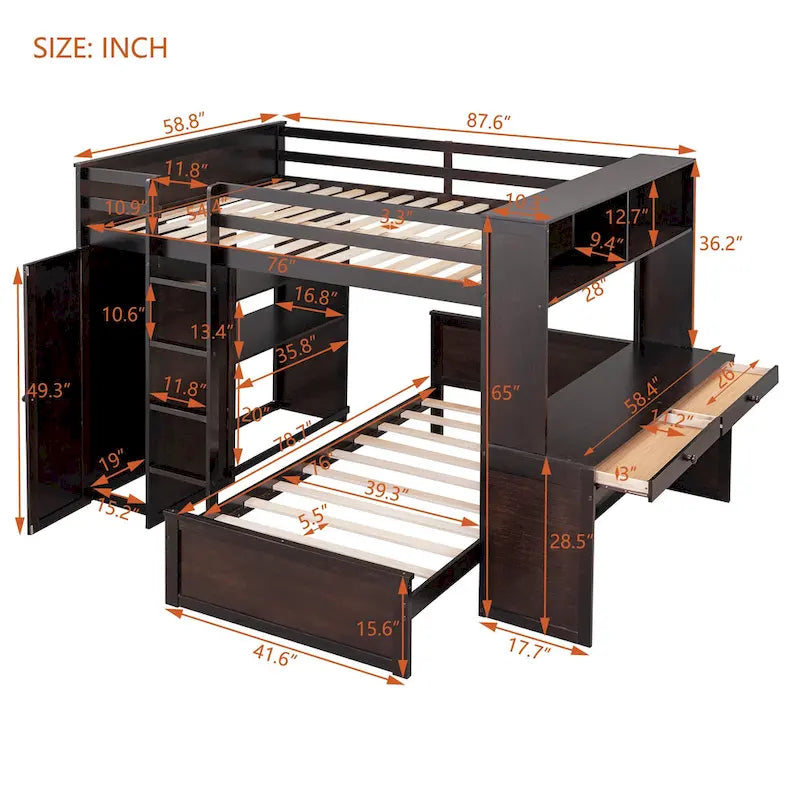 Lit mezzanine double avec lit simple indépendant, bureau et armoire