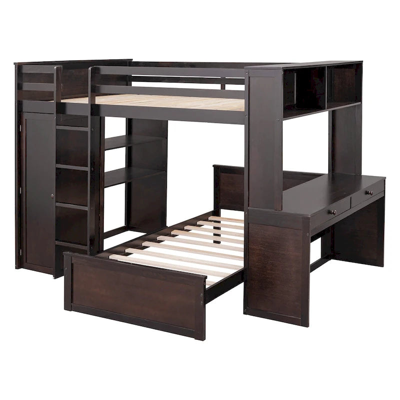 Lit mezzanine double avec lit simple indépendant, bureau et armoire