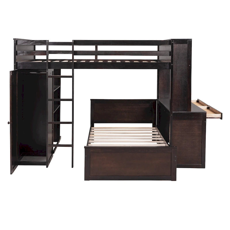 Lit mezzanine double avec lit simple indépendant, bureau et armoire