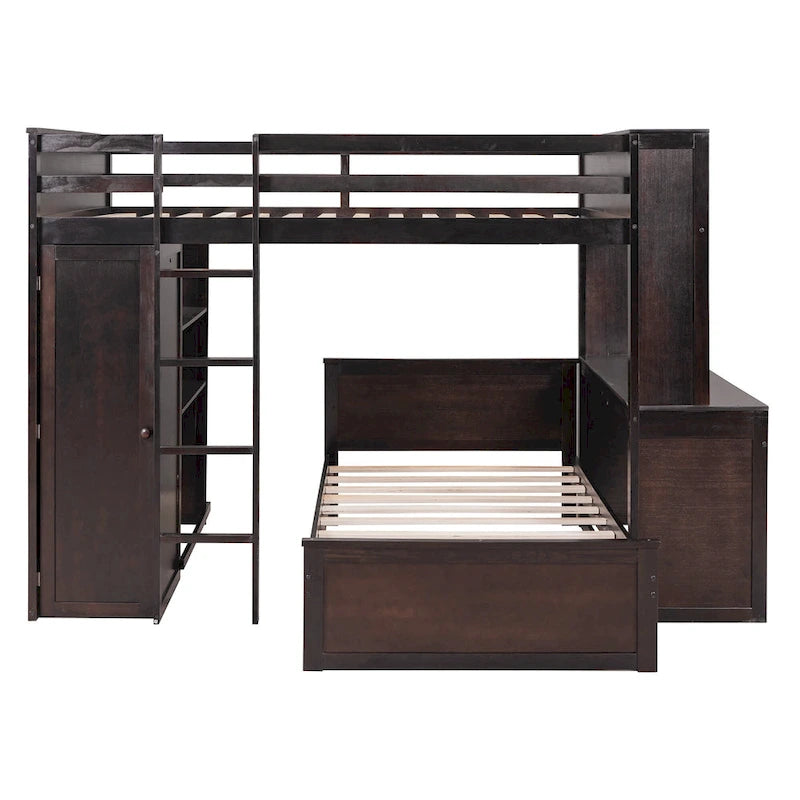 Lit mezzanine double avec lit simple indépendant, bureau et armoire