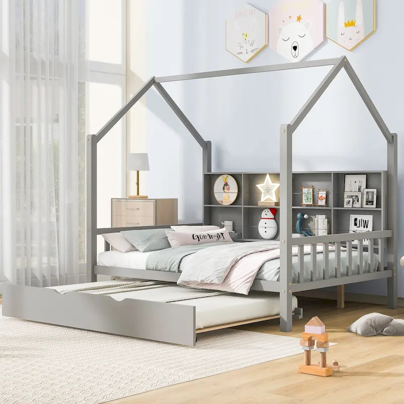 Wooden Full Size House Bed with Trundle