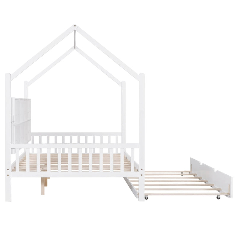 Wooden Full Size House Bed with Trundle