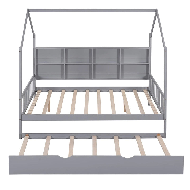 Wooden Full Size House Bed with Trundle