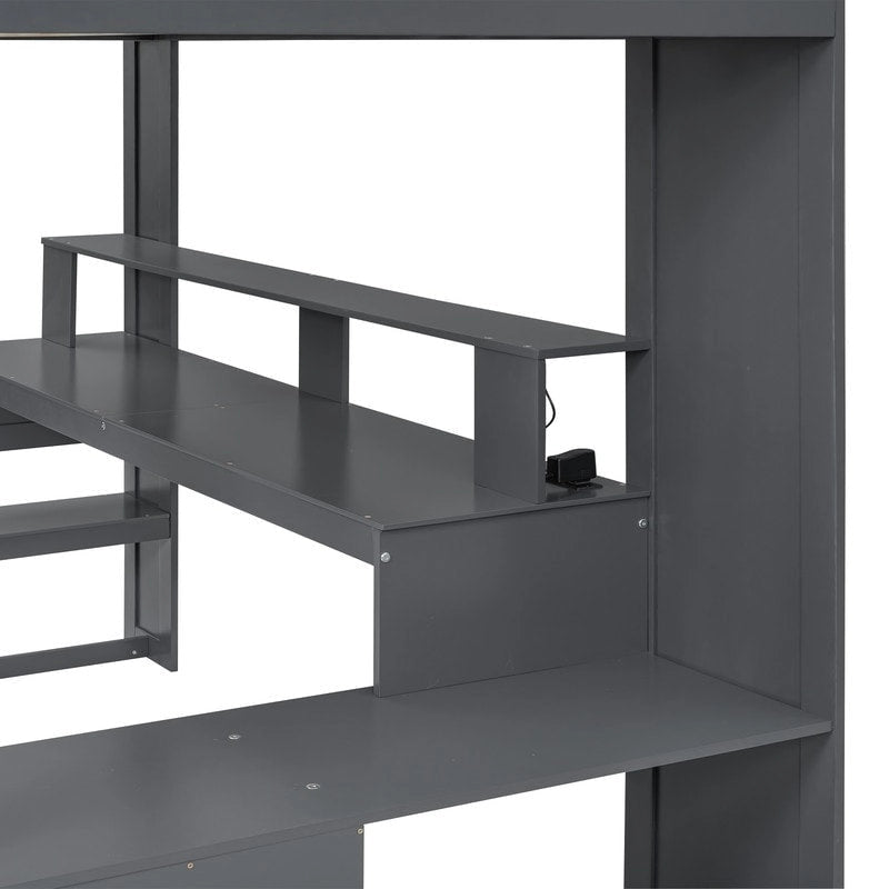 Lit mezzanine de jeu en bois pleine taille avec bureau, étagères de rangement multiples, LED et station de recharge, gris foncé