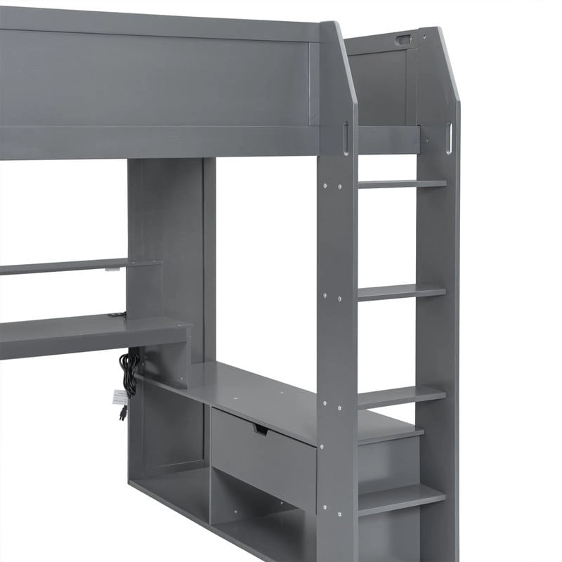 Lit mezzanine de jeu en bois pleine taille avec bureau, étagères de rangement multiples, LED et station de recharge, gris foncé