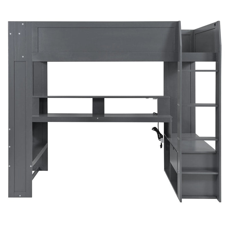 Lit mezzanine de jeu en bois pleine taille avec bureau, étagères de rangement multiples, LED et station de recharge, gris foncé