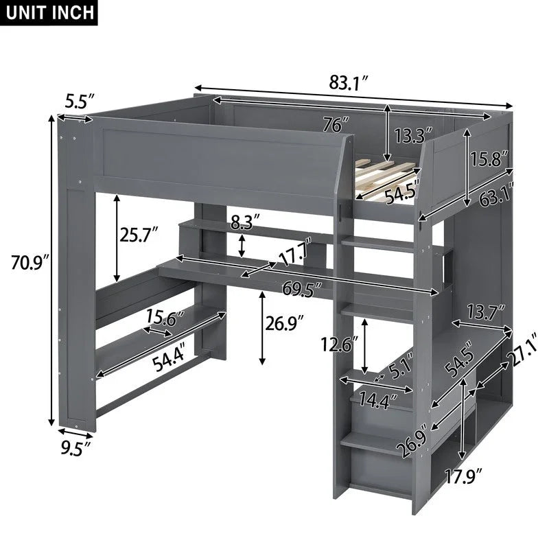 Lit mezzanine de jeu en bois pleine taille avec bureau, étagères de rangement multiples, LED et station de recharge, gris foncé