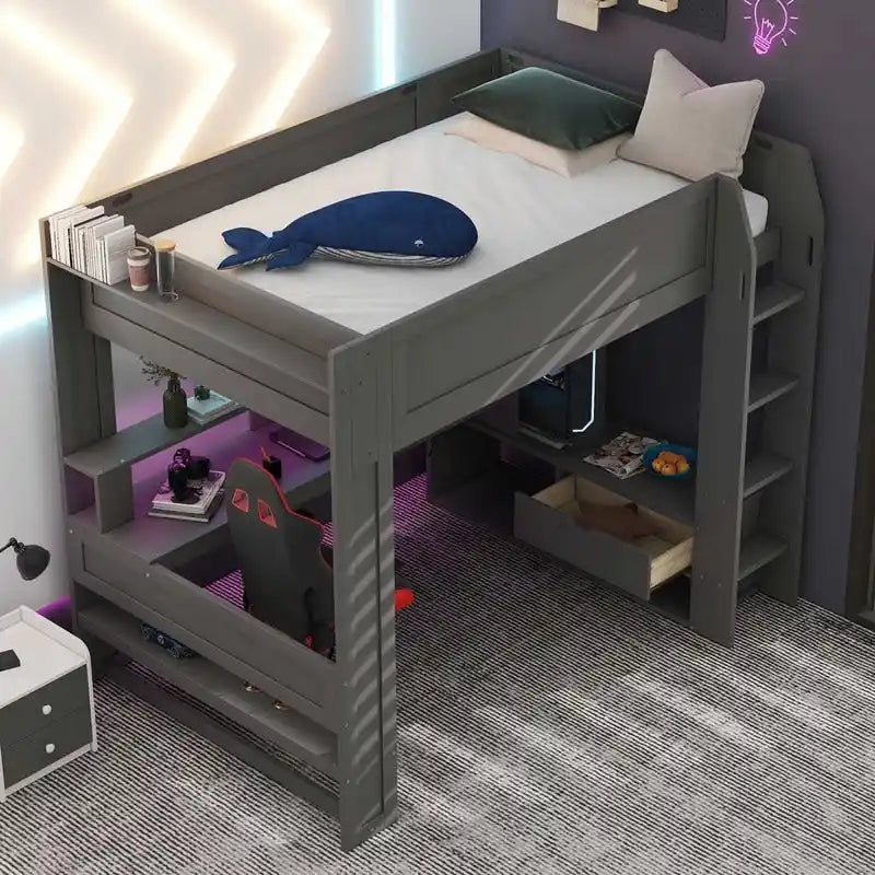 Lit mezzanine de jeu en bois pleine taille avec bureau, étagères de rangement multiples, LED et station de recharge, gris foncé