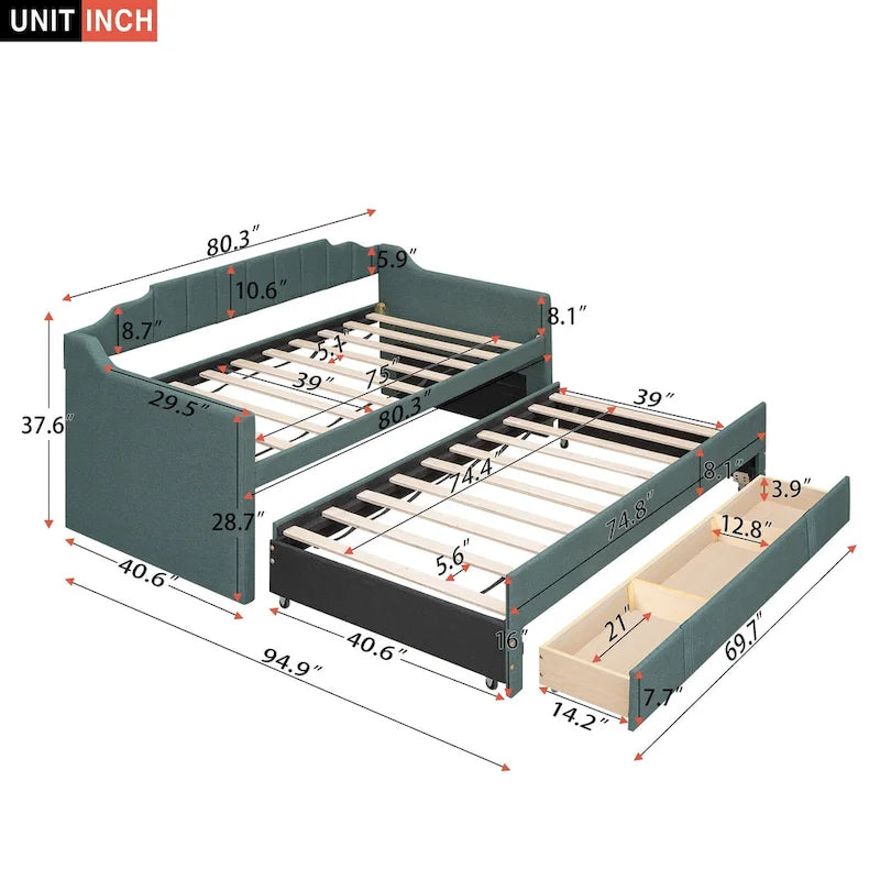 Twin Size Upholstered Daybed with Trundle and Three Drawers