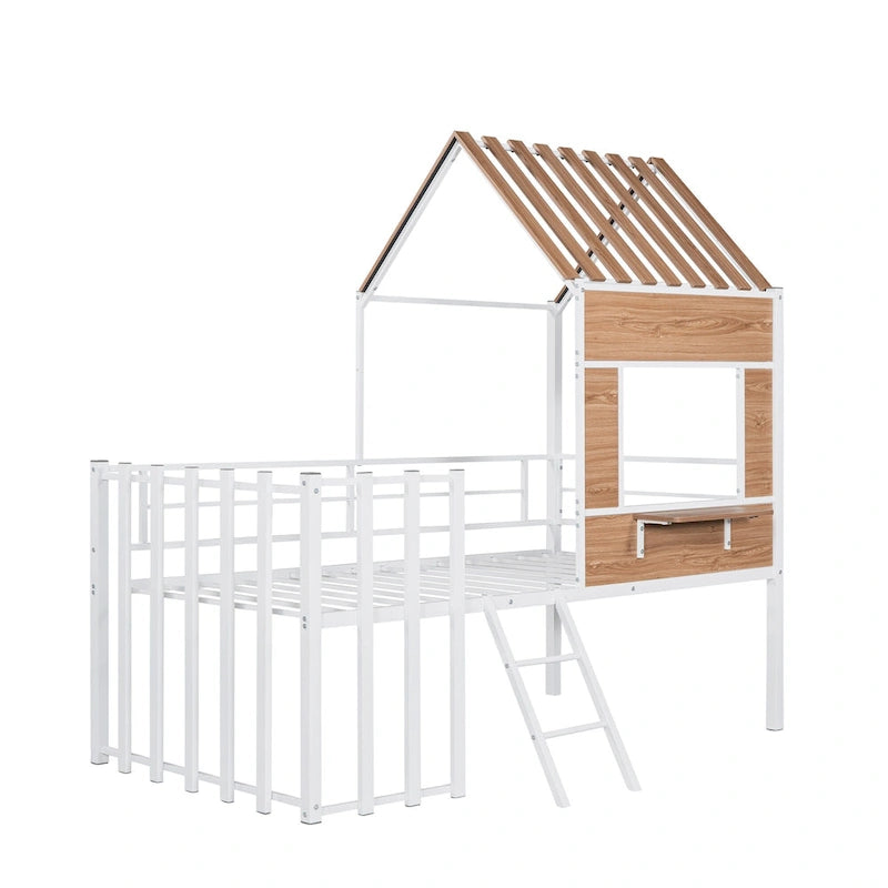Metal Twin Size Loft Bed with Roof, Window, Guardrail and Ladder, Black