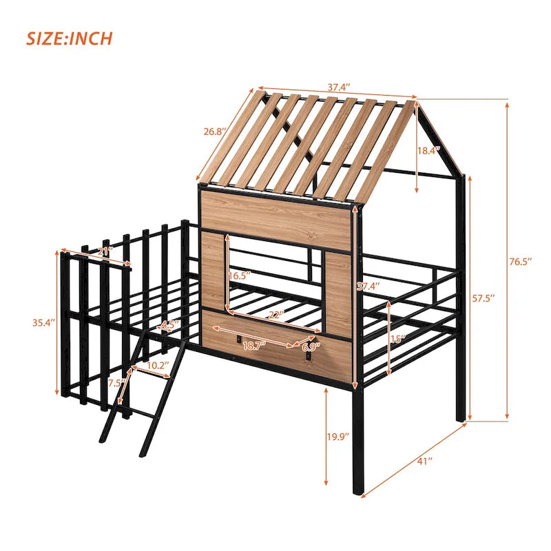 Metal Twin Size Loft Bed with Roof, Window, Guardrail and Ladder, Black