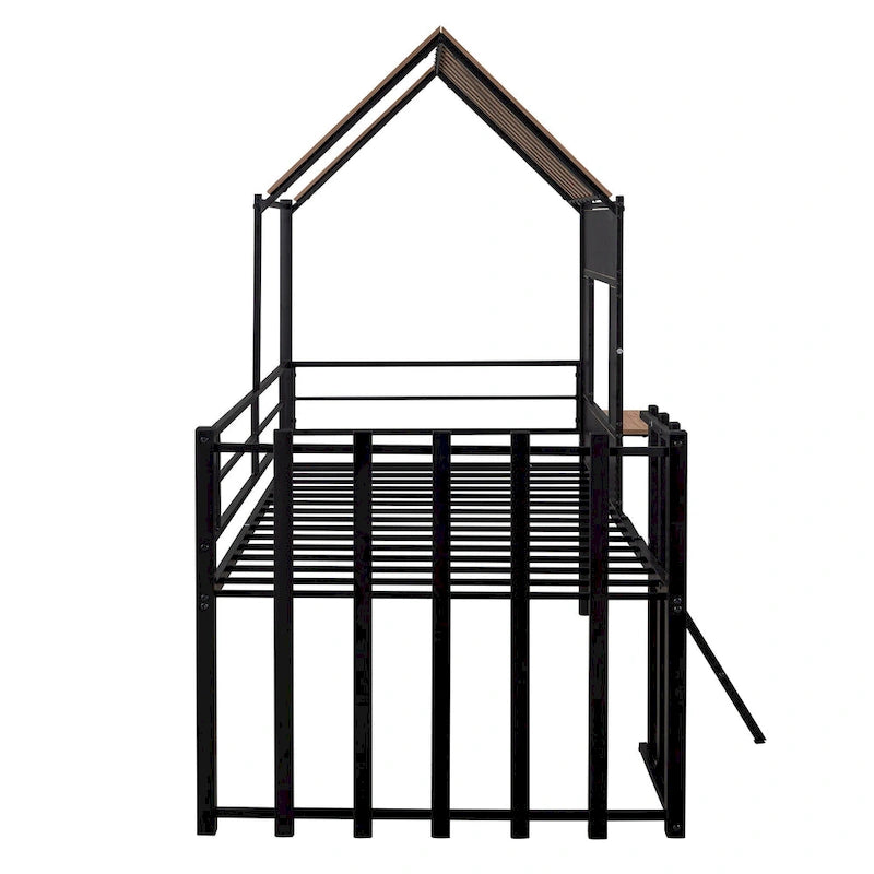 Metal Twin Size Loft Bed with Roof, Window, Guardrail and Ladder, Black