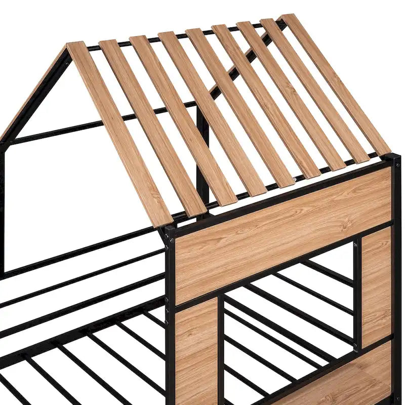 Metal Twin Size Loft Bed with Roof, Window, Guardrail and Ladder, Black