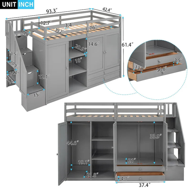 Lit mezzanine fonctionnel avec 3 étagères, 2 armoires et 2 tiroirs, gris