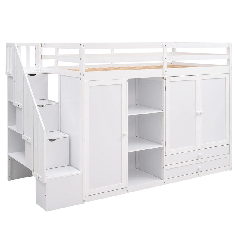 Lit mezzanine fonctionnel avec 3 étagères, 2 armoires et 2 tiroirs, gris