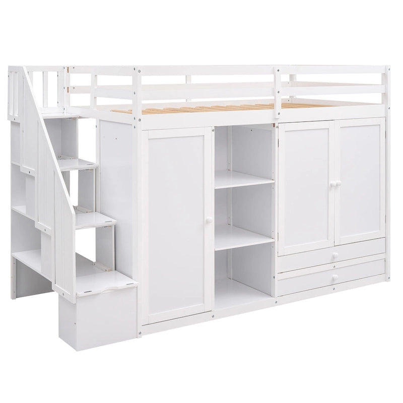 Lit mezzanine fonctionnel avec 3 étagères, 2 armoires et 2 tiroirs, gris