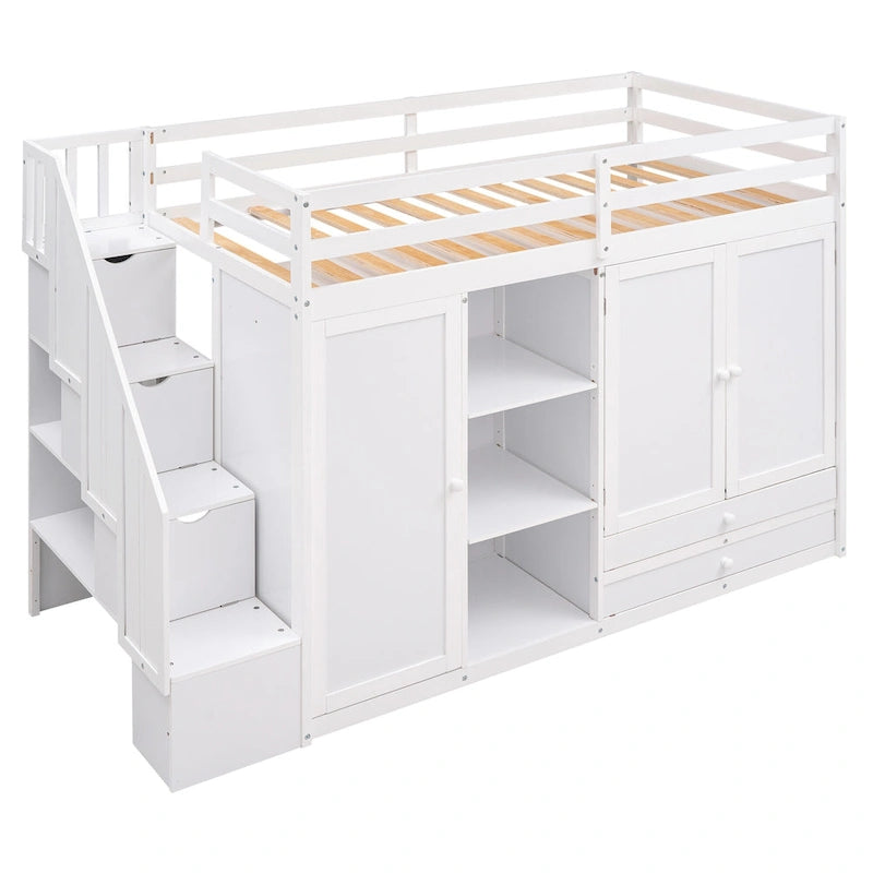 Lit mezzanine fonctionnel avec 3 étagères, 2 armoires et 2 tiroirs, gris