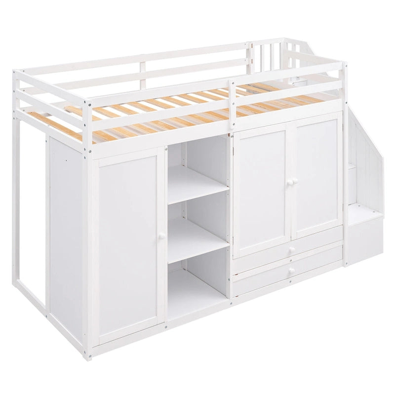 Lit mezzanine fonctionnel avec 3 étagères, 2 armoires et 2 tiroirs, gris