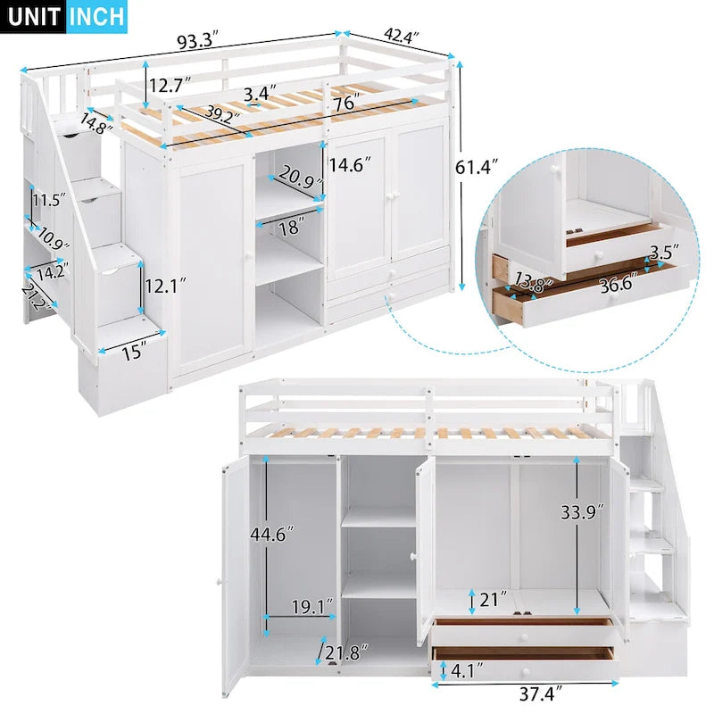 Lit mezzanine fonctionnel avec 3 étagères, 2 armoires et 2 tiroirs, gris