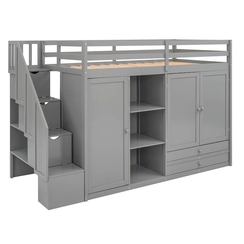 Lit mezzanine fonctionnel avec 3 étagères, 2 armoires et 2 tiroirs, gris