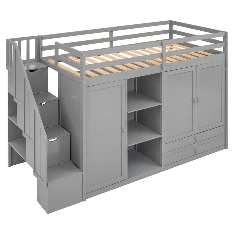 Lit mezzanine fonctionnel avec 3 étagères, 2 armoires et 2 tiroirs, gris