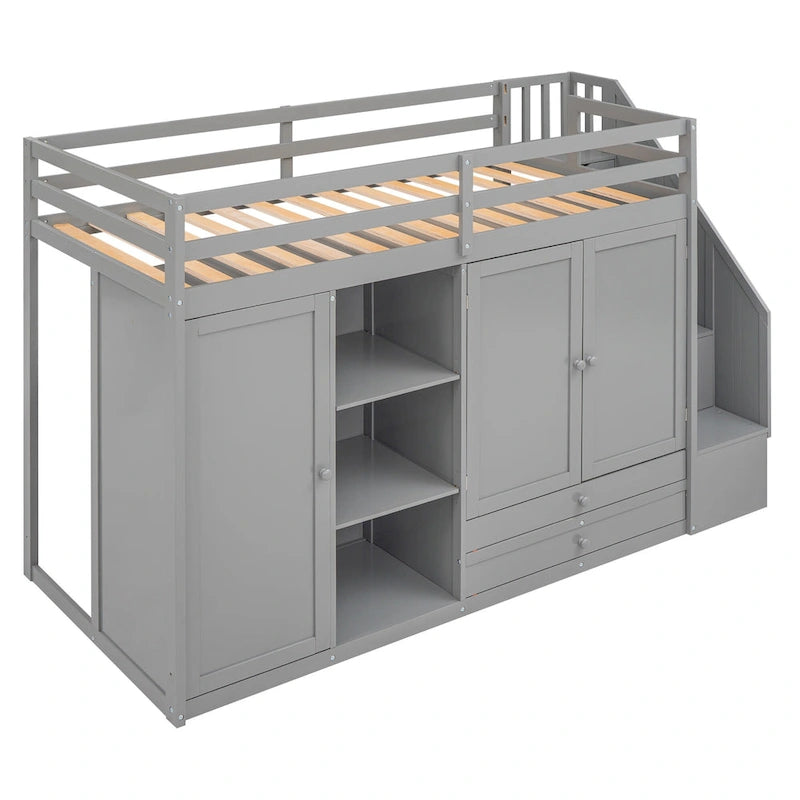 Lit mezzanine fonctionnel avec 3 étagères, 2 armoires et 2 tiroirs, gris