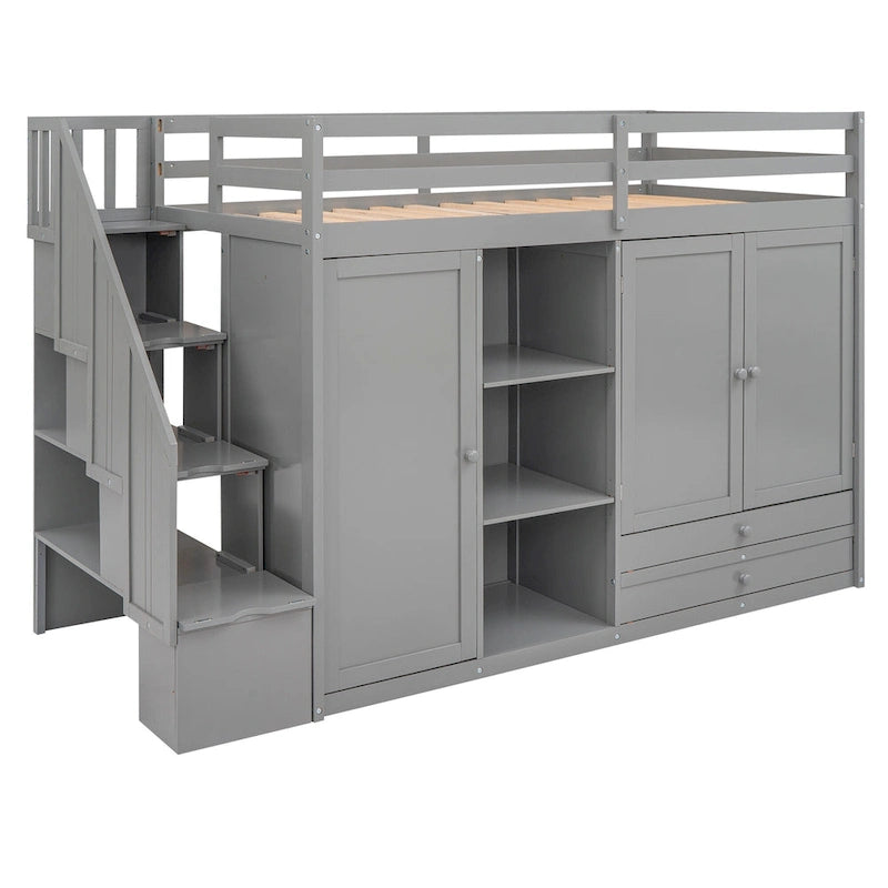 Lit mezzanine fonctionnel avec 3 étagères, 2 armoires et 2 tiroirs, gris