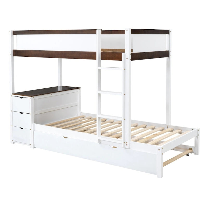 Lit superposé jumeau sur jumeau avec lit gigogne double, rangement et bureau