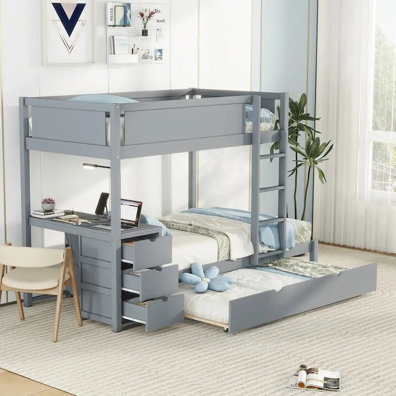 Lit superposé jumeau sur jumeau avec lit gigogne double, rangement et bureau