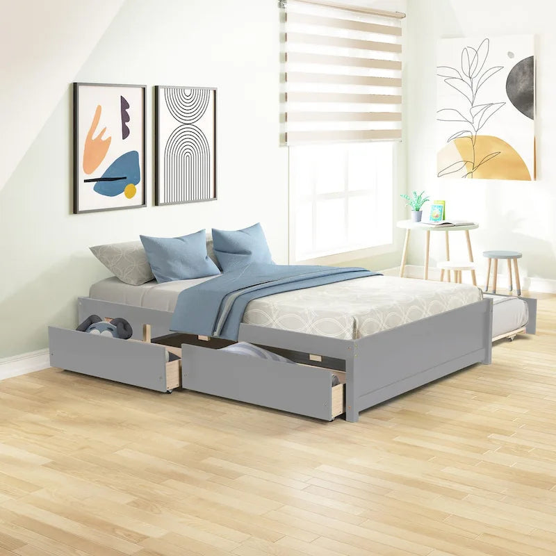 Lit double avec lit gigogne simple et deux tiroirs