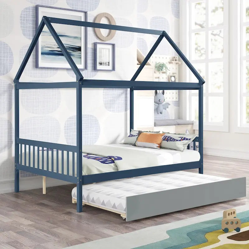 Navy Blue House Full Bed with Grey Trundle