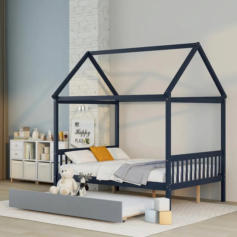 Navy Blue House Full Bed with Grey Trundle