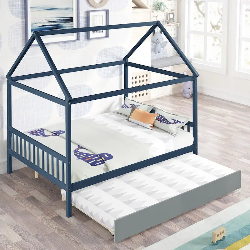 Navy Blue House Full Bed with Grey Trundle