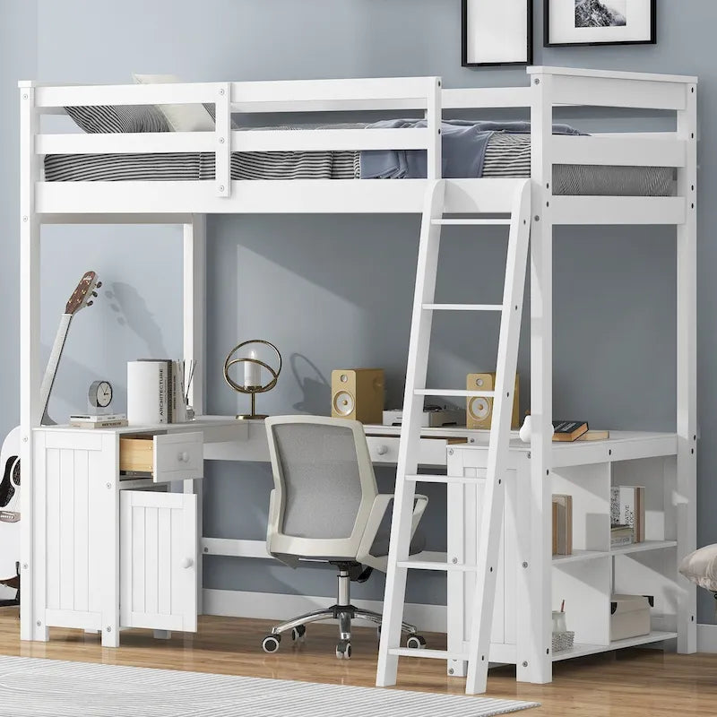 Lit mezzanine une place avec bureau en U, tiroirs et étagères de rangement