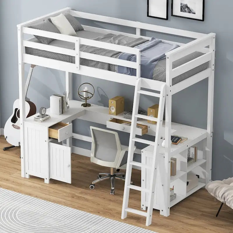 Lit mezzanine une place avec bureau en U, tiroirs et étagères de rangement