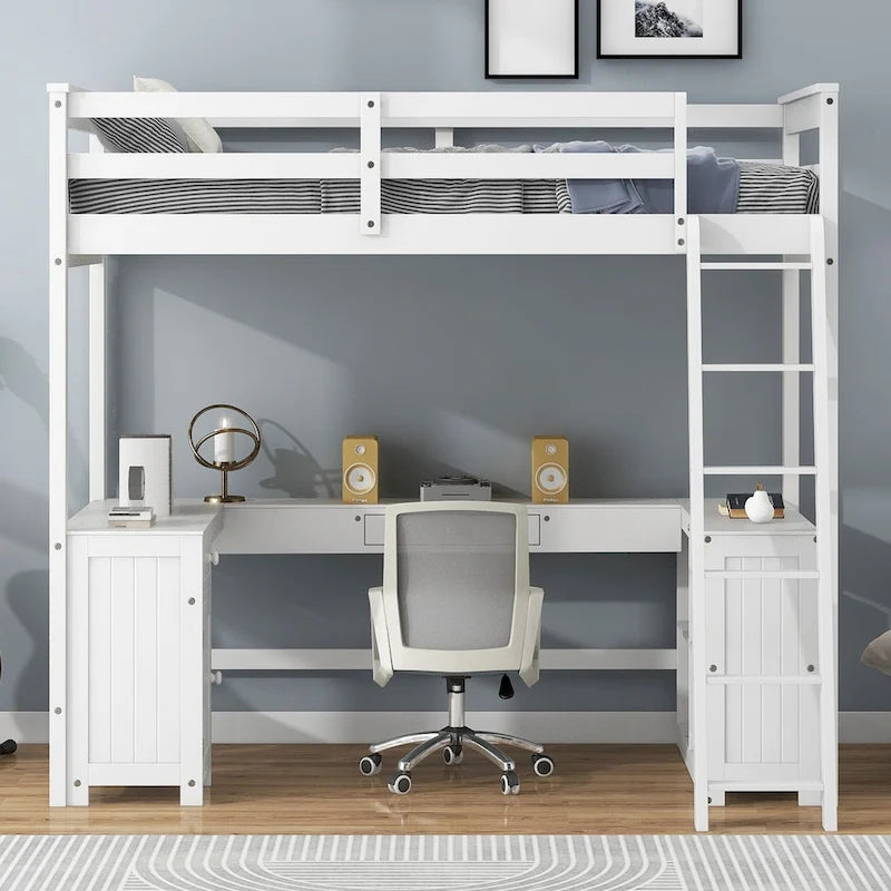 Lit mezzanine une place avec bureau en U, tiroirs et étagères de rangement