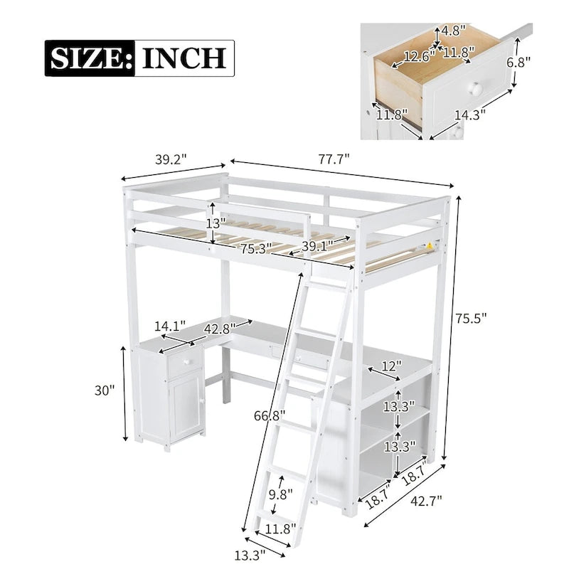 Lit mezzanine une place avec bureau en U, tiroirs et étagères de rangement