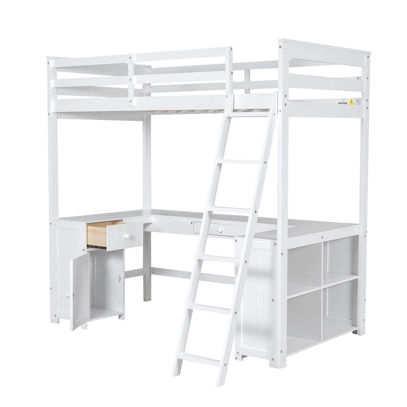 Lit mezzanine une place avec bureau en U, tiroirs et étagères de rangement