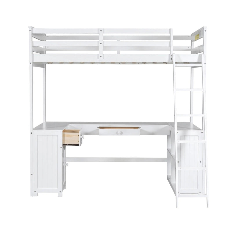 Lit mezzanine une place avec bureau en U, tiroirs et étagères de rangement