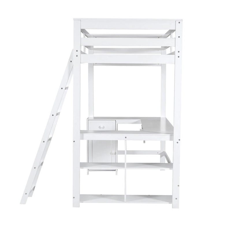 Lit mezzanine une place avec bureau en U, tiroirs et étagères de rangement
