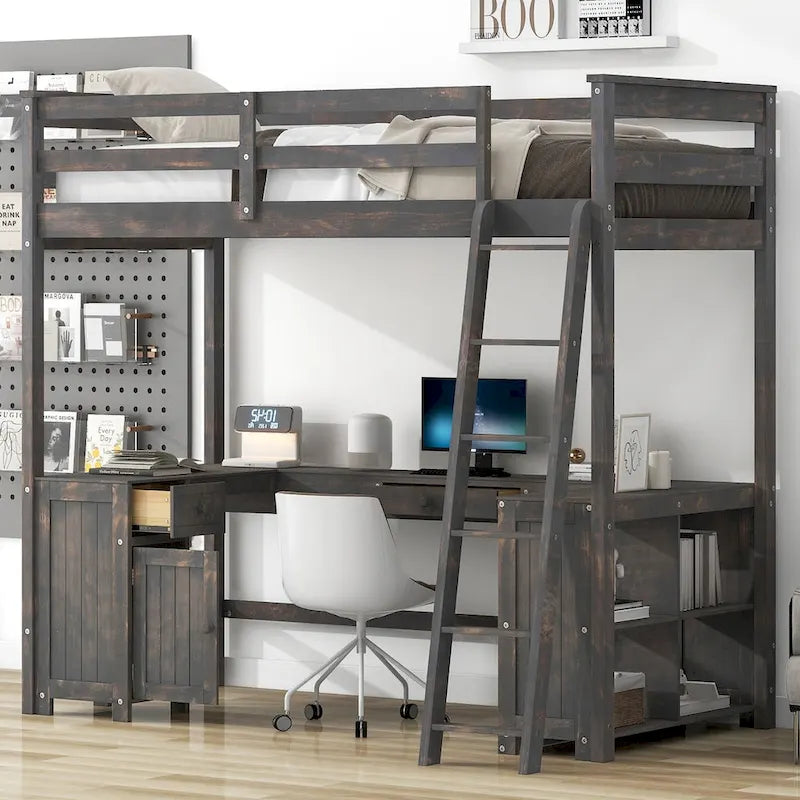 Lit mezzanine une place avec bureau en U, tiroirs et étagères de rangement