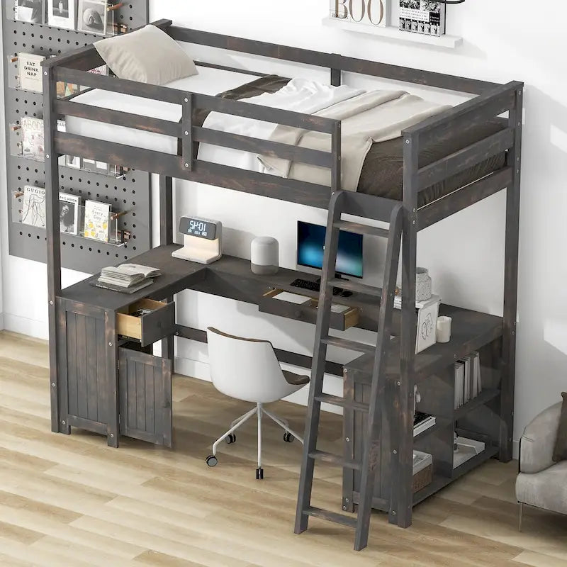 Lit mezzanine une place avec bureau en U, tiroirs et étagères de rangement