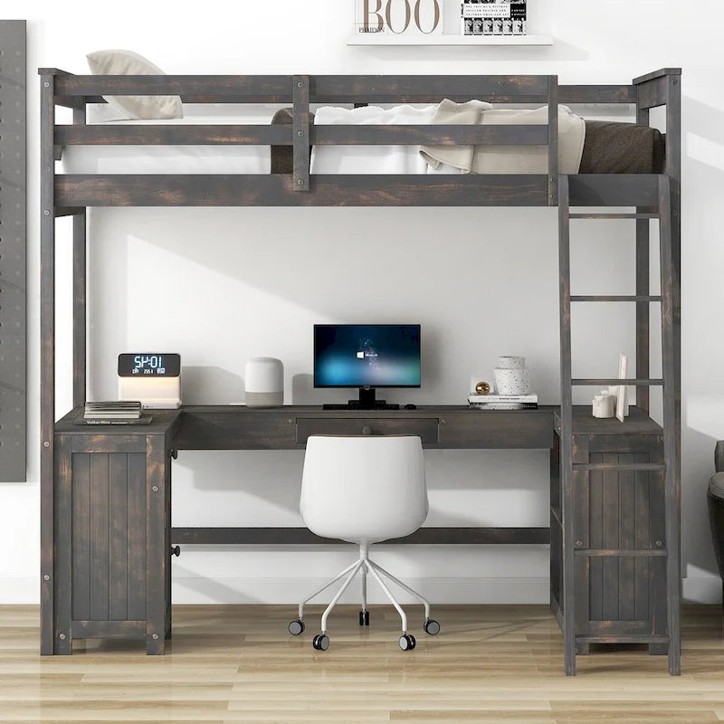 Lit mezzanine une place avec bureau en U, tiroirs et étagères de rangement