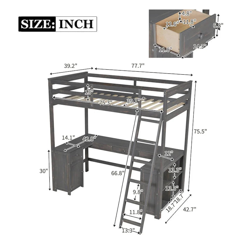 Lit mezzanine une place avec bureau en U, tiroirs et étagères de rangement