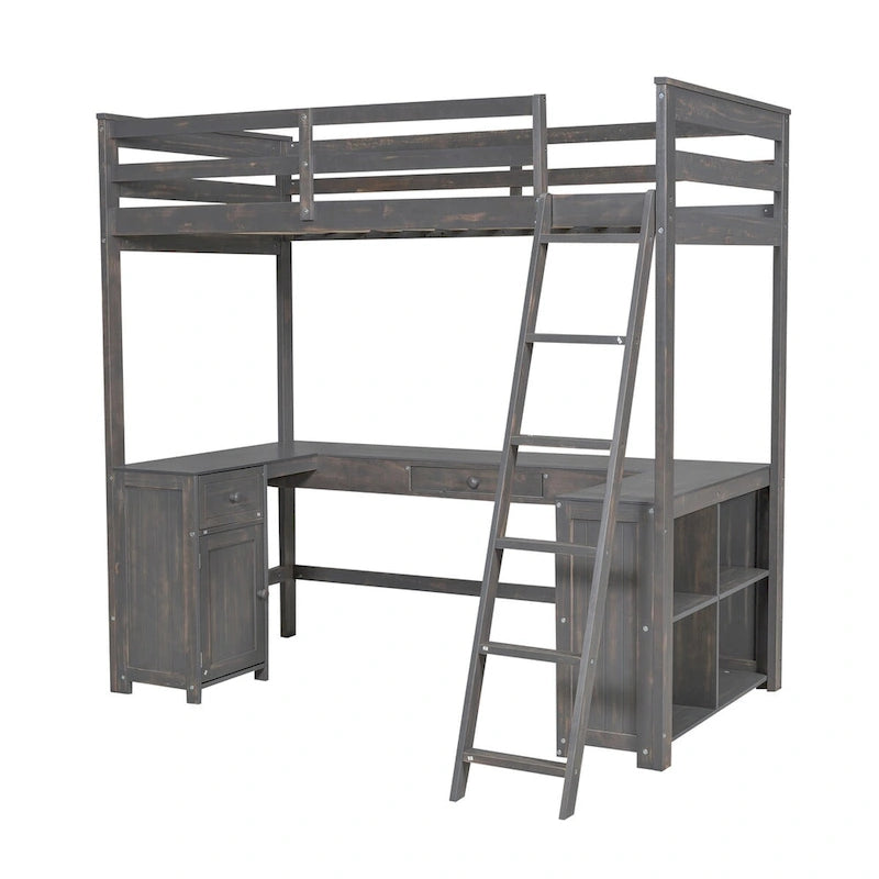 Lit mezzanine une place avec bureau en U, tiroirs et étagères de rangement