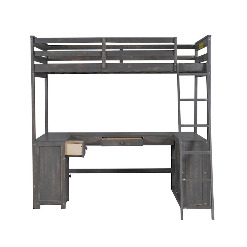 Lit mezzanine une place avec bureau en U, tiroirs et étagères de rangement